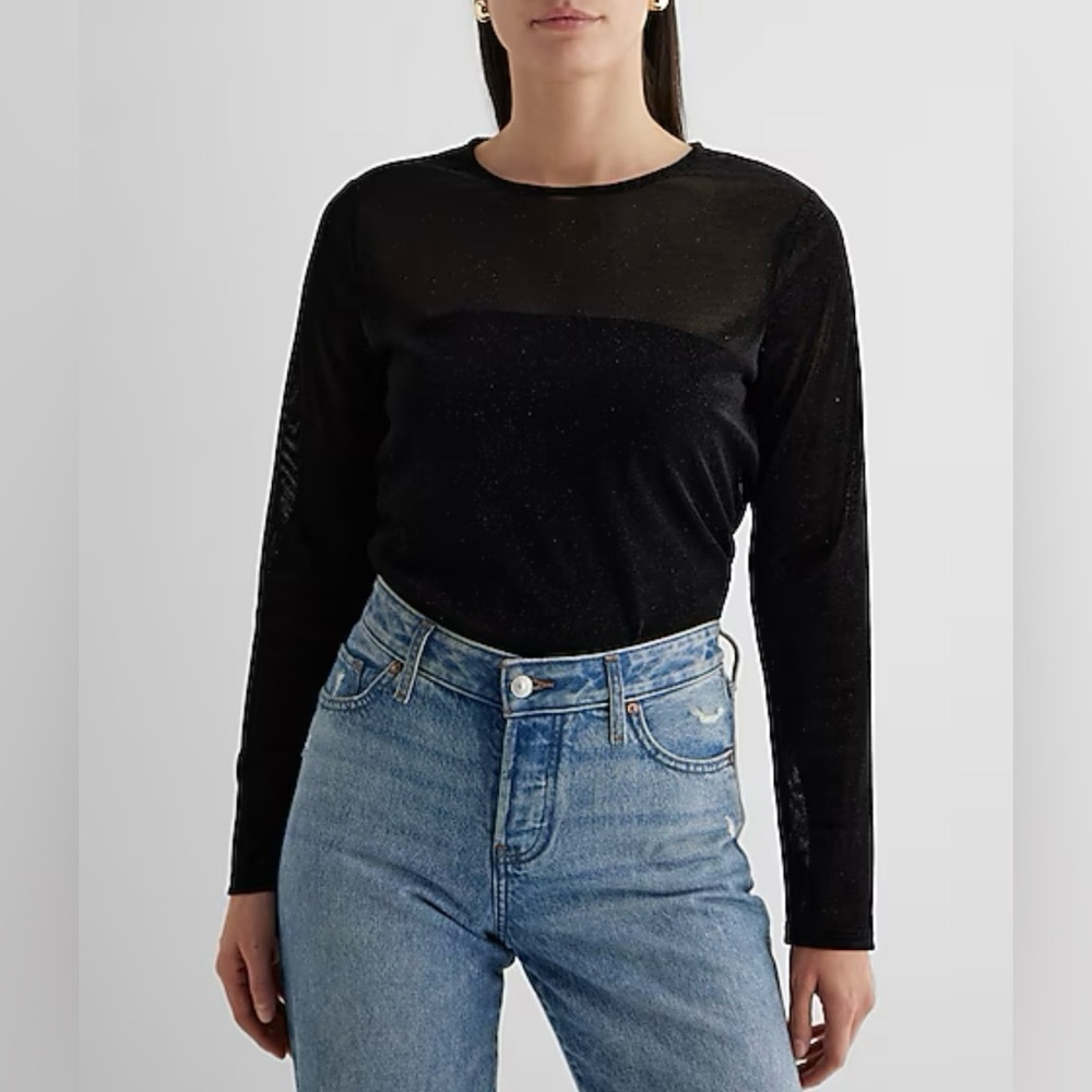 Express Women's Long Sleeve Tee Size XS Black Sheer Shine Crew Neck NWT $44
